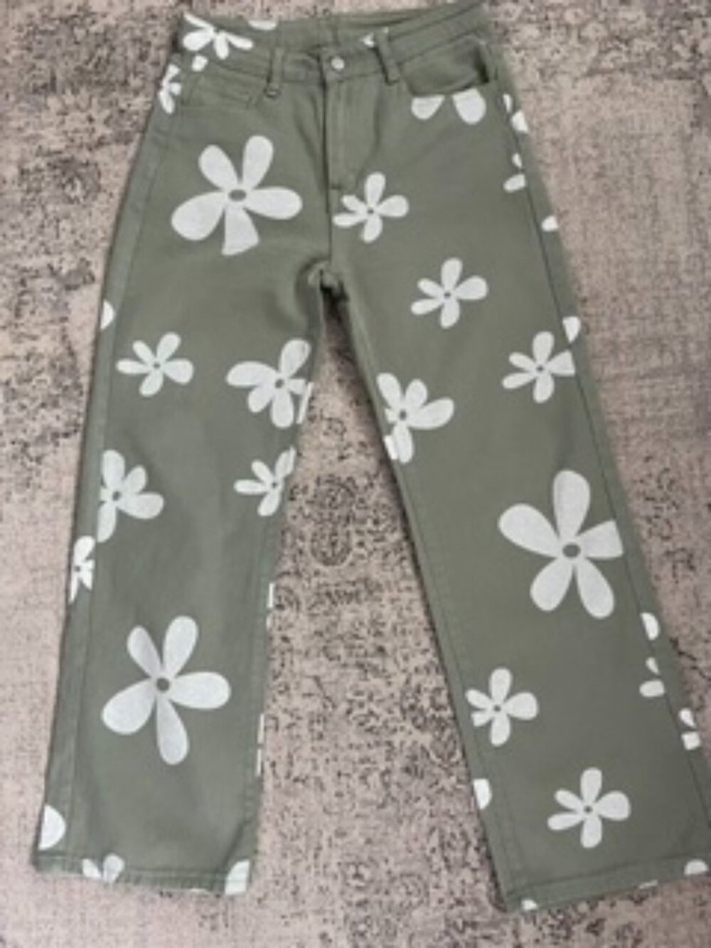 🧡3/$15 SHEIN Olive Green Denim Straight-Leg Jeans Daisy Floral Print S/4